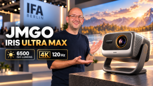 Présentation du vidéoprojecteur JMGO IRIS Ultra Max à l’IFA 2026, avec les mentions 6 500 ISO lumens et 4K 120 Hz